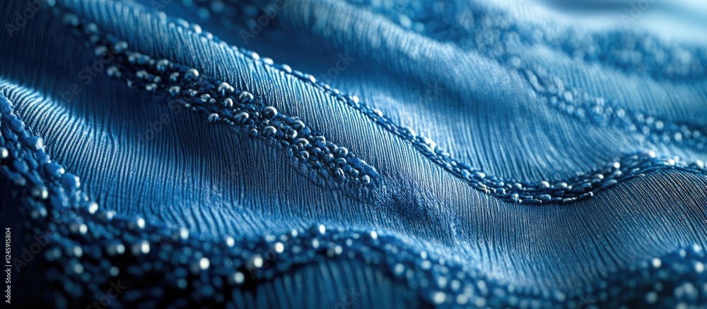 Poster close-up of elegant blue fabric texture with soft waves and shimmering details, ideal for background