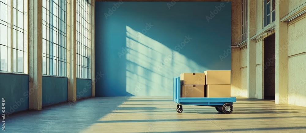Poster blue delivery cart with moving boxes in spacious warehouse showcasing empty area for relocation and 