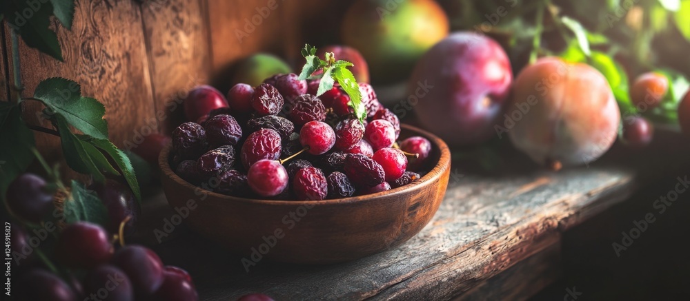 Aufkleber bowl of sweet dried plums on rustic table with fresh fruits showcasing healthy snacking options in n