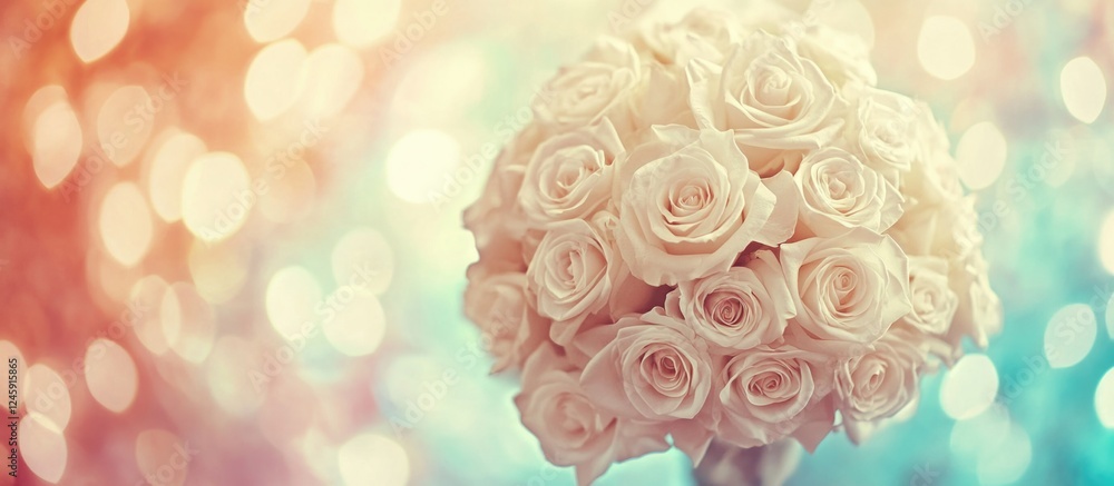 Poster bouquet of white roses with soft focus background in vintage pastel colors creating an elegant and d