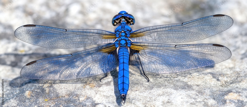 Poster close-up of a vibrant blue dragonfly with open wings showcasing intricate patterns and textures agai