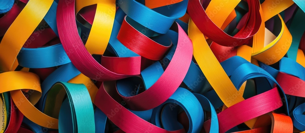 Poster colorful tangled paper ribbons in vibrant hues creating a chaotic abstract background design for cre
