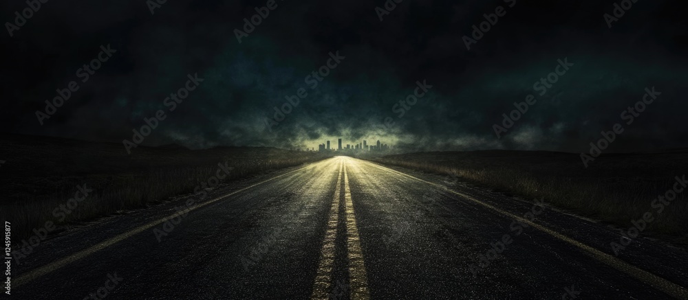 Poster mysterious dark road leading towards a city skyline with dramatic clouds and ample empty space for t
