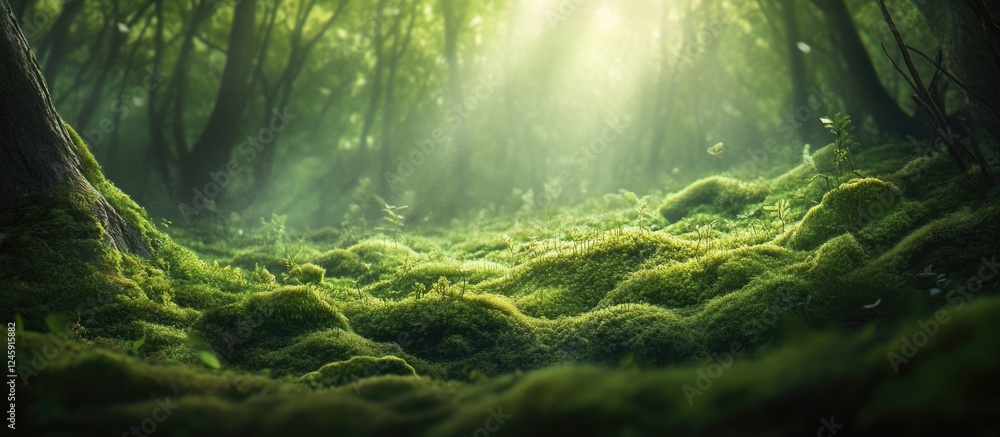 Poster lush green bryopsida moss blanketing forest floor with soft sunlight filtering through trees