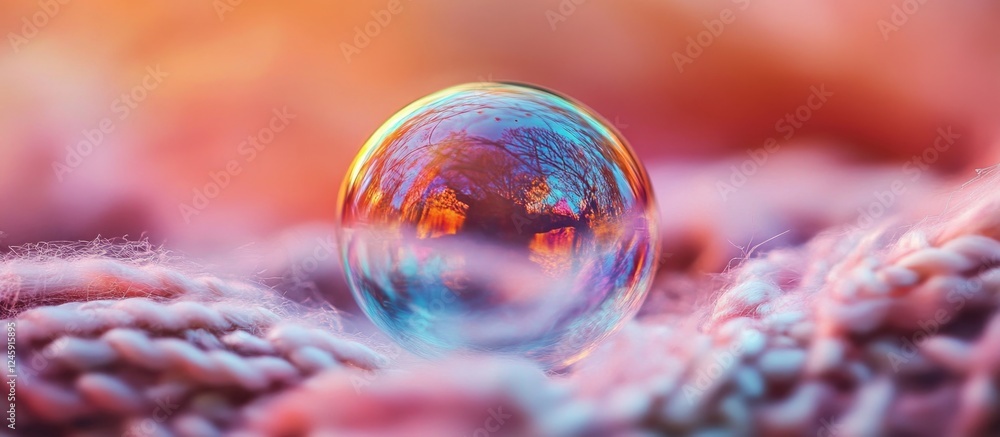 Poster Delicate soap bubble resting on a cozy blanket with a vibrant blurred background showcasing reflections and colors.