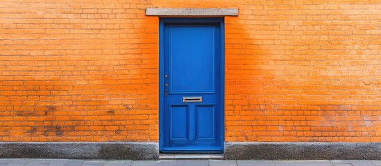 Vibrant blue door against a textured orange brick wall of an exterior building creating a striking urban aesthetic