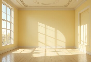 Obraz premium Sunlit Empty Room With Pale Yellow Walls And Wooden Floor
