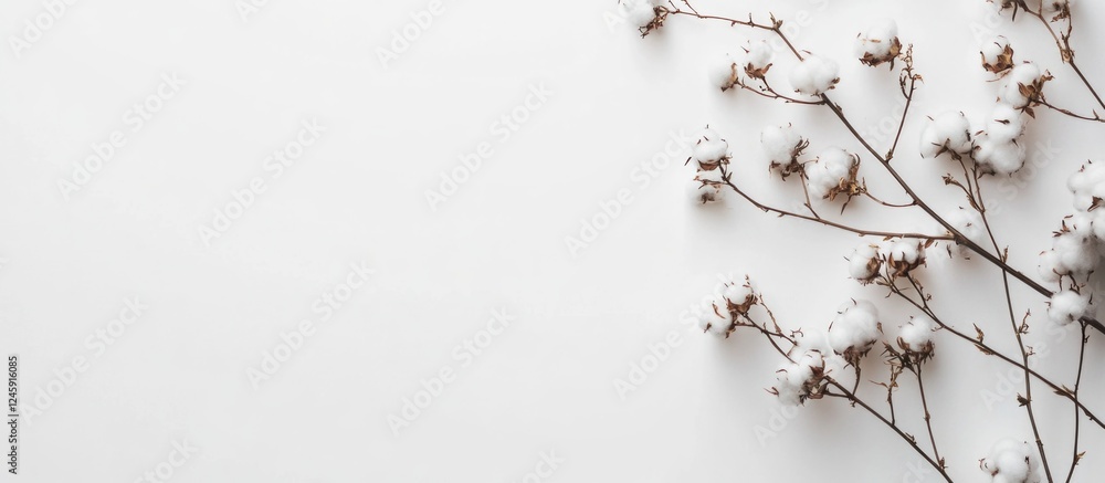Poster delicate cotton flower branches on a white background creating a serene and minimalist aesthetic for