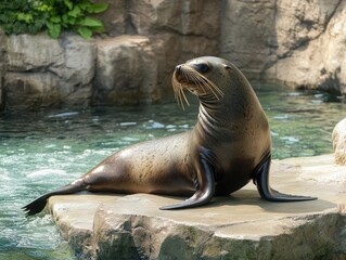 Obraz premium Majestic sea lion basking on a rock in its natural habitat near the water
