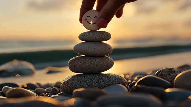 Balancing smiling pebble on rocks by the serene beach sunset