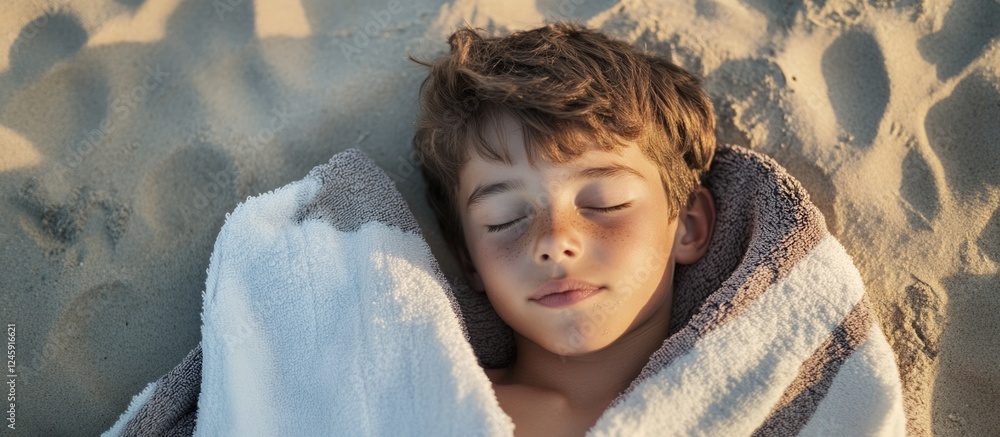 Poster Calm boy peacefully sleeping on sandy beach wrapped in a towel with natural light and empty space for text in a serene summer setting