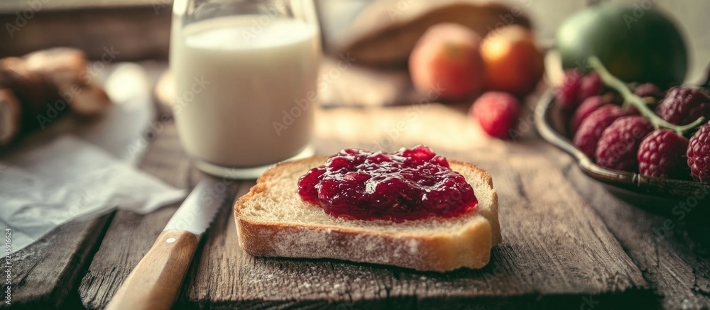 Poster breakfast scene with toast topped with jam alongside a glass of milk on rustic wooden table with fre