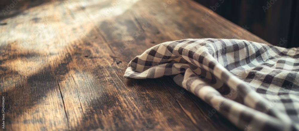 Poster Checkered napkin draping on rustic brown wooden surface with soft natural lighting creating an inviting atmosphere for dining or decor.