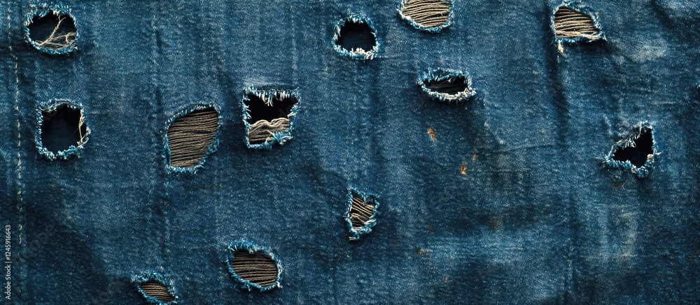 Poster worn blue denim fabric with distressed holes and frayed threads creating a rugged textured backgroun