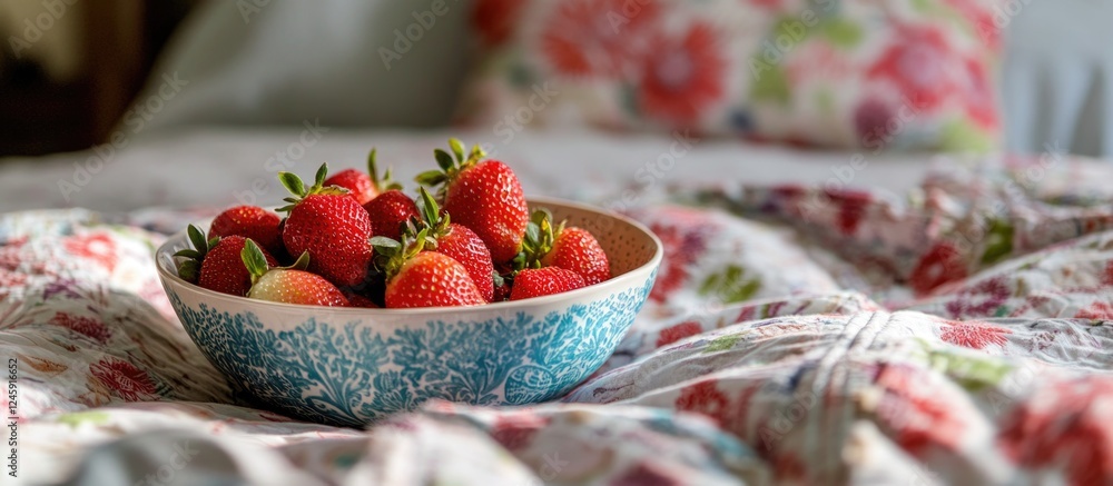 Aufkleber bowl of vibrant fresh strawberries resting on textured colorful bedding creating a cozy and inviting