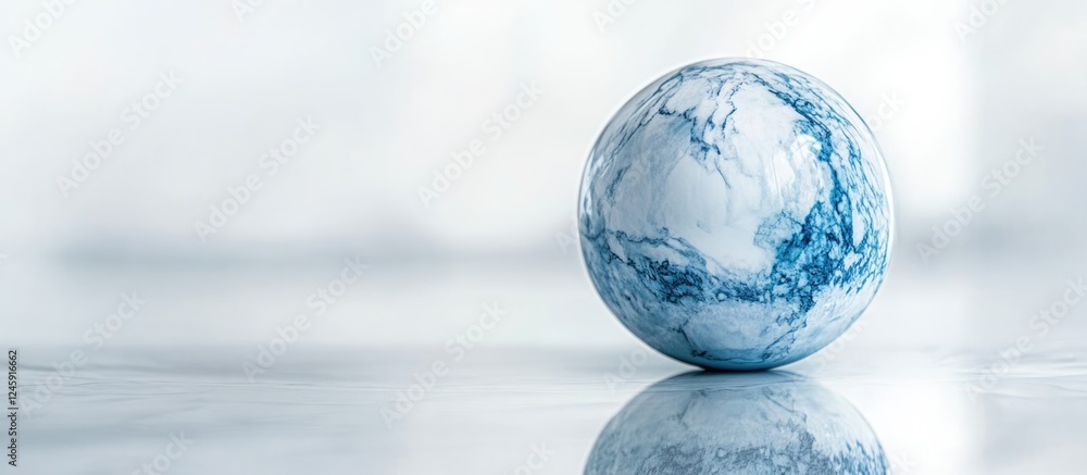Poster blue and white marble crystal globe on reflective surface with soft background space for text or bra