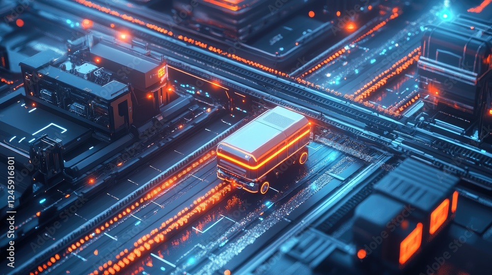 Poster An aerial shot of autonomous carts navigating a conveyor system, with vivid network signals pulsing around them, symbolizing seamless coordination in modern transport.