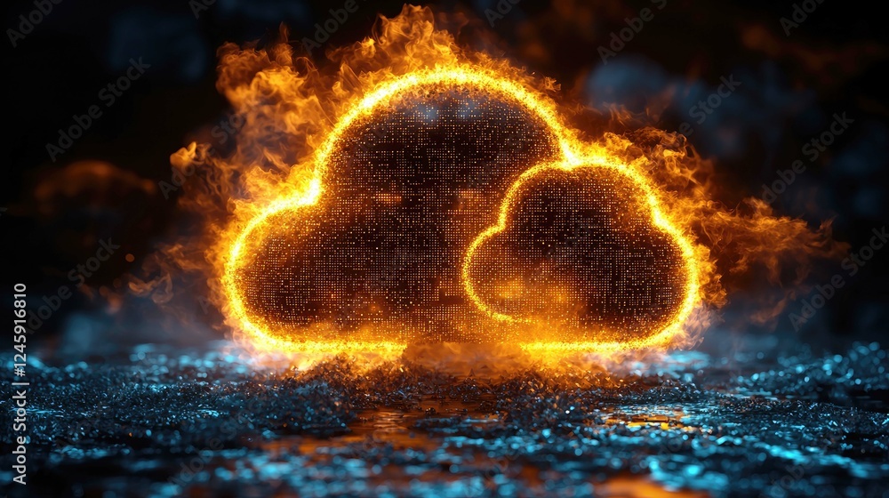 Poster fiery digital cloud: abstract concept of burning data and network technology