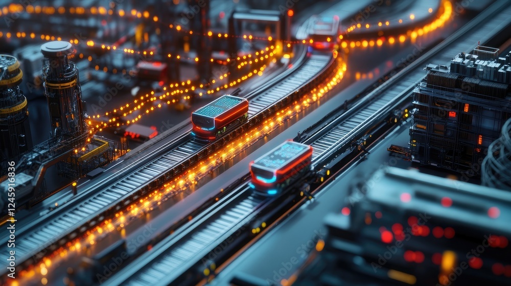Poster An aerial shot of autonomous carts navigating a conveyor system, with vivid network signals pulsing around them, symbolizing seamless coordination in modern transport.