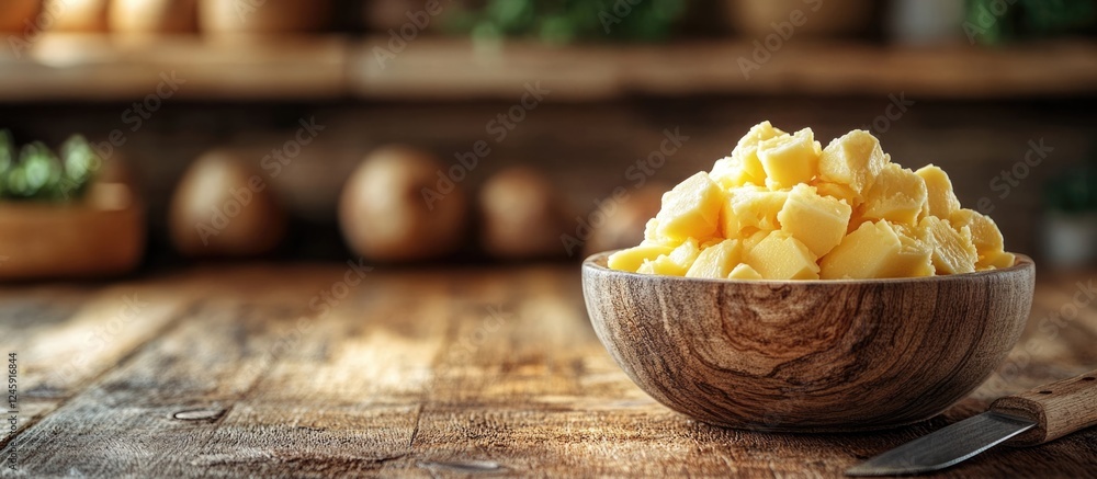 Poster Butter in Wooden Bowl with Knife on Rustic Table Surrounded by Natural Ingredients and Empty Space for Text or Branding