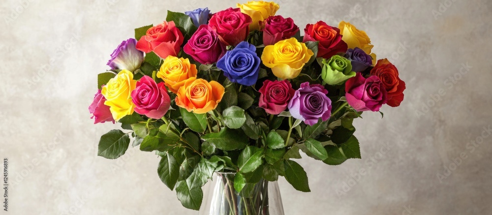 Poster vibrant bouquet of multi-colored roses showcasing a spectrum of hues in a clear vase against a soft 