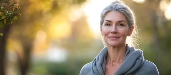 Caucasian woman exercising in nature with warm background and ample space for text overlay promoting wellness and fitness activities