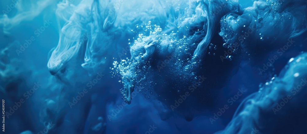 Poster Dynamic blue ink swirling in dark water with bubbles creating an ethereal underwater atmosphere and abstract visual effects.