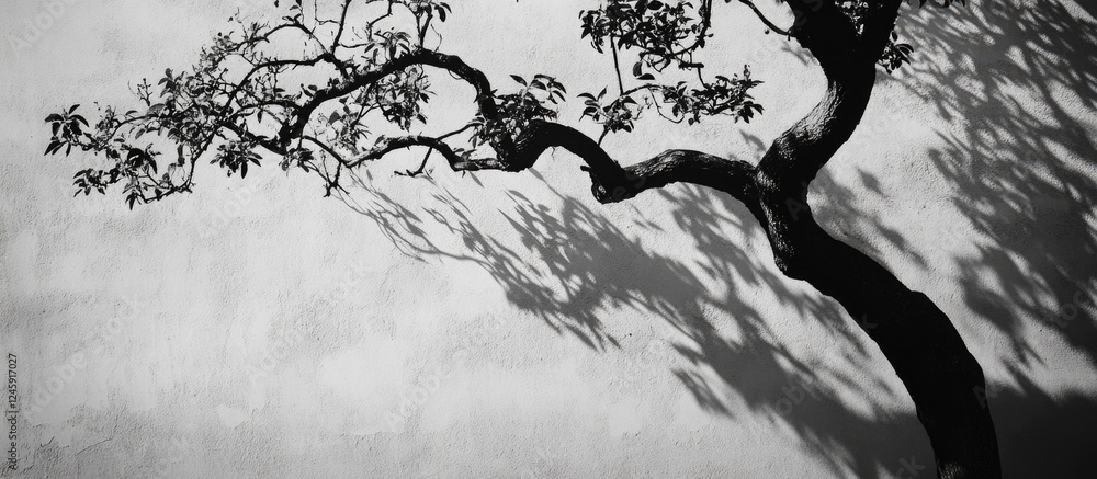 Poster black and white artistic silhouette of a tree casting intricate shadows on a textured wall backgroun
