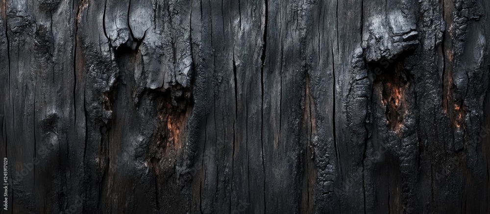 Poster Charred Tree Bark Texture with Distinctive Burn Patterns and Deep Cracks for Natural Backgrounds and Design Projects
