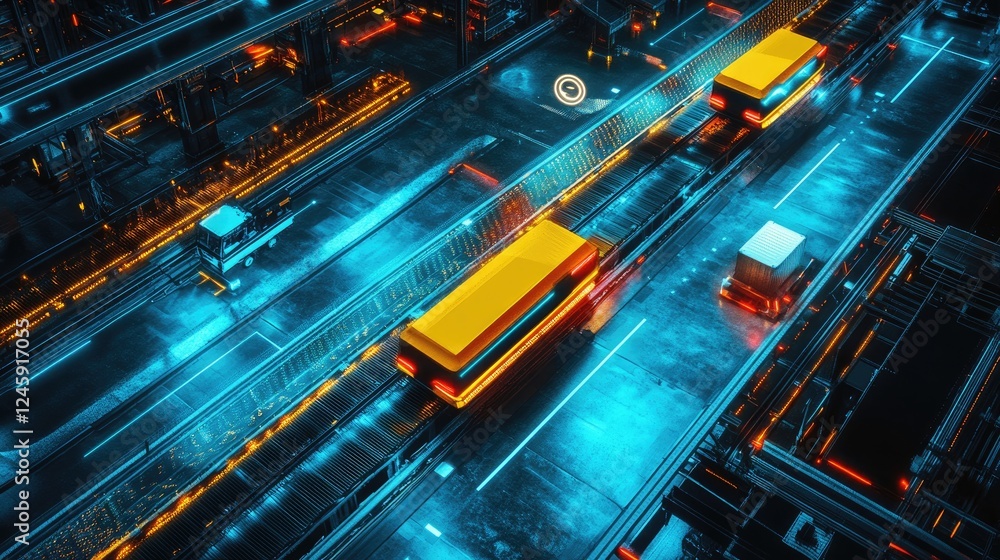 Poster An aerial shot of autonomous carts navigating a conveyor system, with vivid network signals pulsing around them, symbolizing seamless coordination in modern transport.