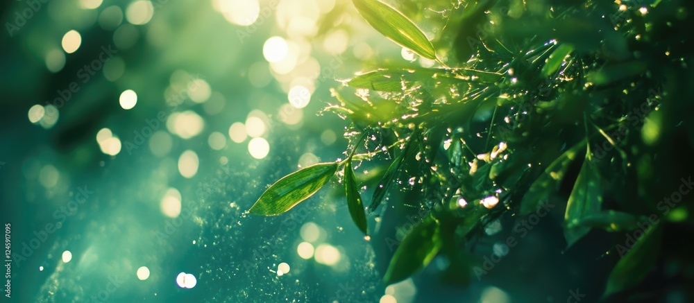 Aufkleber serene green bokeh nature background with droplets of water on leaves illuminated by sunlight creati