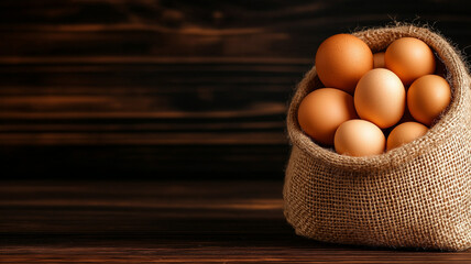 Fresh eggs in burlap sack on wooden background, showcasing their natural color and texture. This close up view highlights rustic charm of farm fresh produce