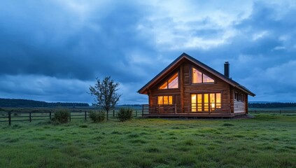 Obraz premium Small wooden cabin in a picturesque rural landscape surrounded by open fields and greenery under a clear blue sky
