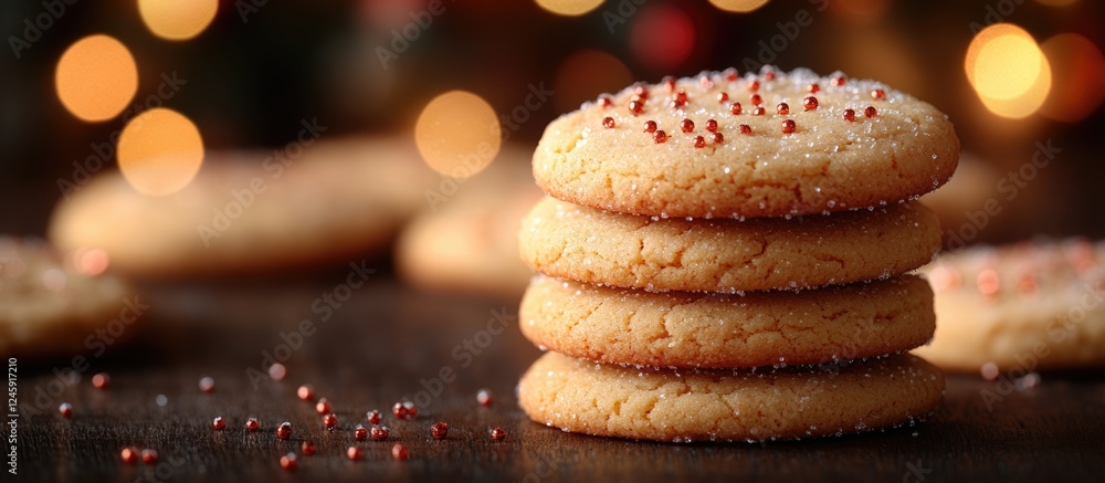 Poster festive butter cookies stacked on dark surface with bokeh lights and sprinkled sugar perfect for hol