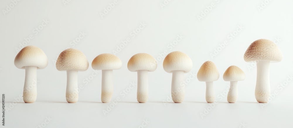 Poster champignon mushrooms arranged in a row isolated on white background showcasing their delicate featur