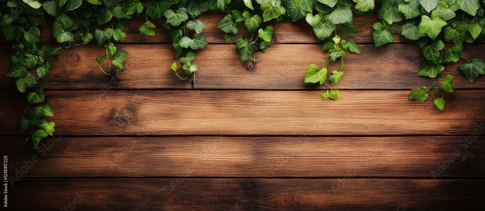 Poster brown wooden wall texture adorned with lush green ivy creating a natural and rustic background ideal