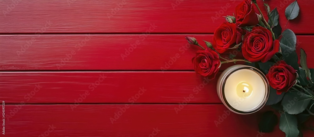Poster bouquet of vibrant red roses with a lit candle on a rich red wooden surface creating a warm atmosphe
