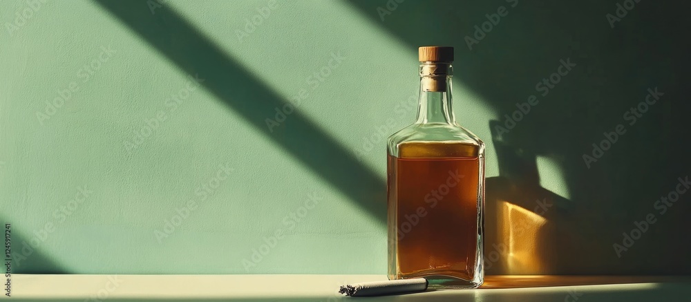Poster Alcohol bottle and cigarette on a surface with shadows creating empty space for text in a minimalist setting.