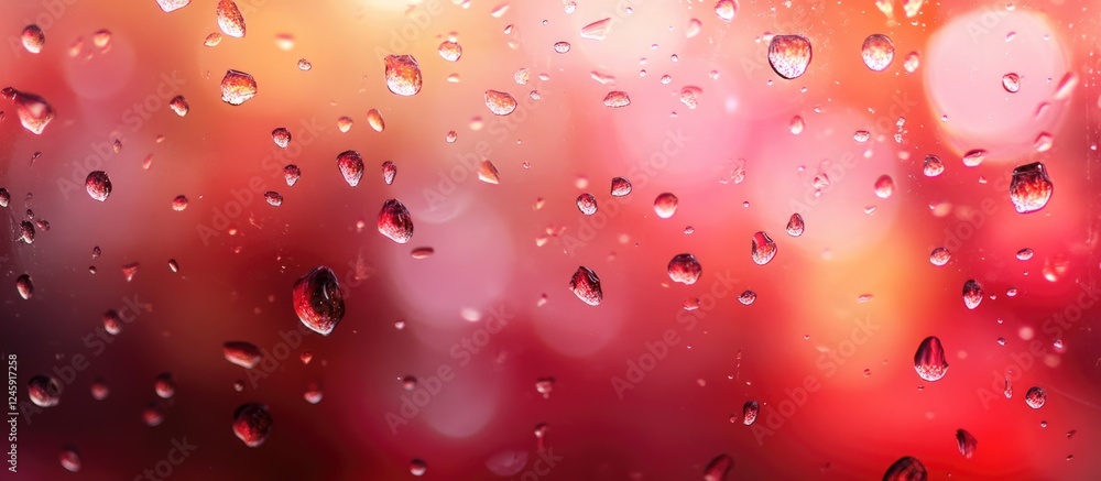 Poster bokeh effect of water droplets on glass with vibrant red background creating a visually striking abs