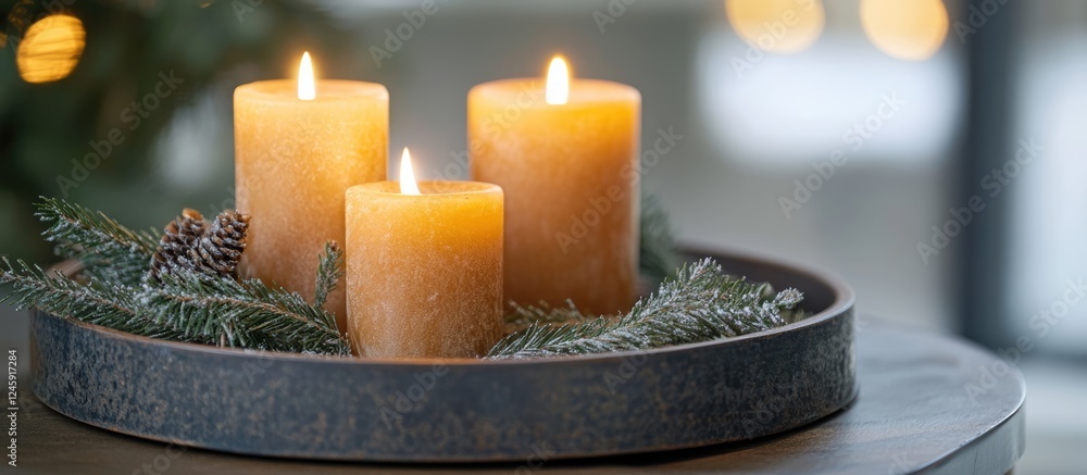 Poster Warm candles on decorative tray surrounded by fir branches and pinecones with festive blurred background and ample space for text.