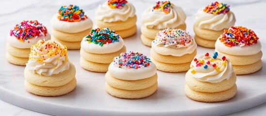 Birthday cake cookies topped with colorful sprinkles arranged on a white marble surface for festive celebrations
