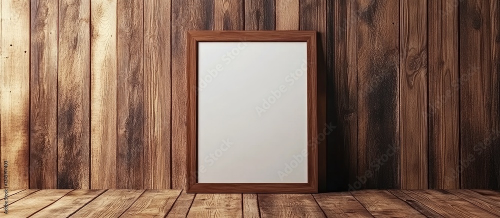 Poster Wooden Photo Frame Mockup on Brown Plank Wall Background for Text Design and Message with Empty Space in Natural Setting