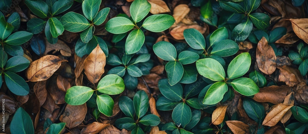 Poster green foliage with dead leaves in a natural background creating a contrast of life and decay in a se
