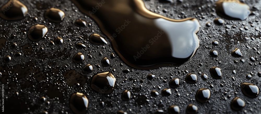 Poster oil droplets on a reflective glass surface creating a striking abstract texture background