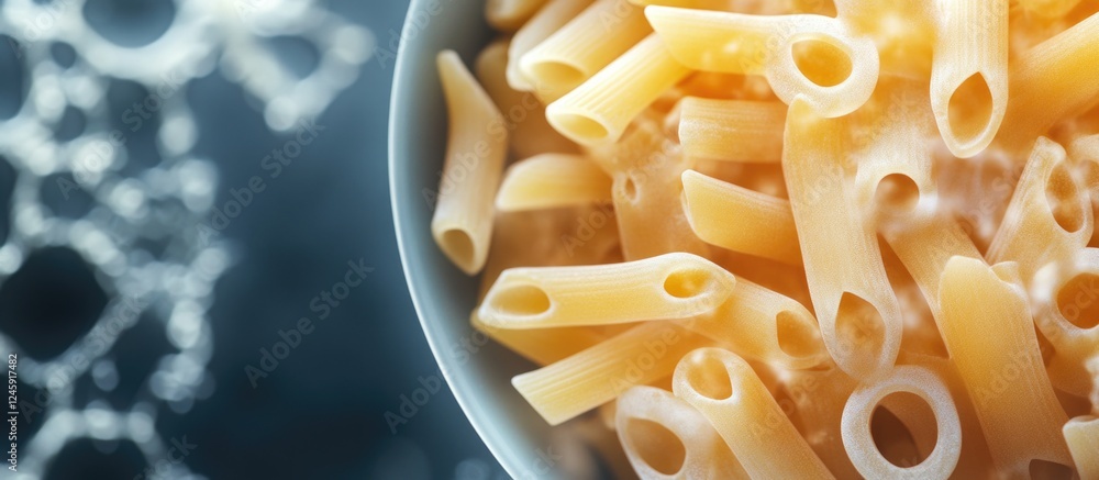 Poster Penne pasta in a bowl displayed on a stylish ultimate gray background with a soft bokeh effect.