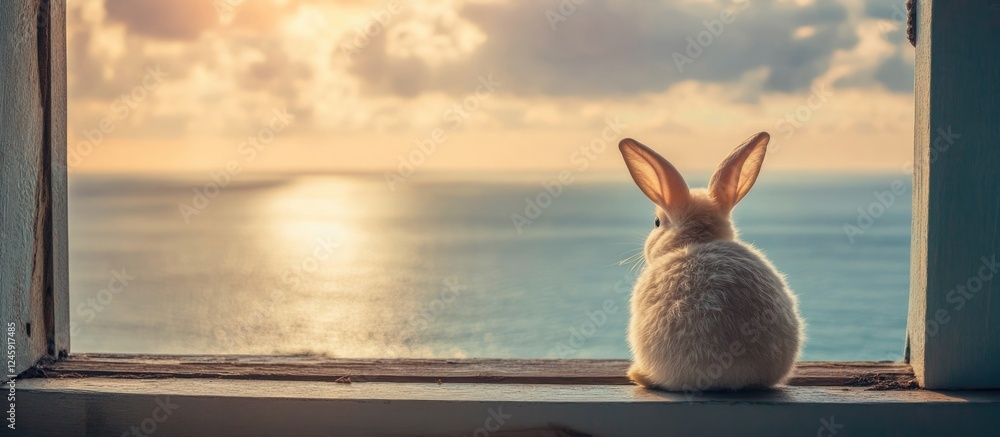 Poster Bunny overlooking the ocean from a lighthouse window during a beautiful sunset with space for text insertion