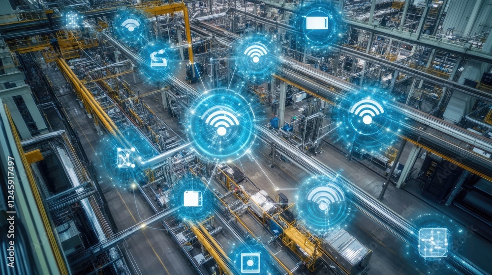 Aufkleber An aerial view showing a network of sensor nodes in a manufacturing facility, with visual data flows indicating the expansive reach and speed of 5G networks.