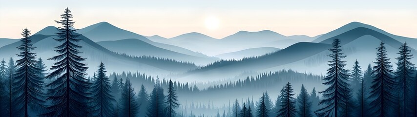 Fototapeta premium A serene landscape featuring misty mountains and tall evergreen trees, illuminated by a soft sunrise. The soothing blue hues evoke a sense of tranquility and natural beauty.