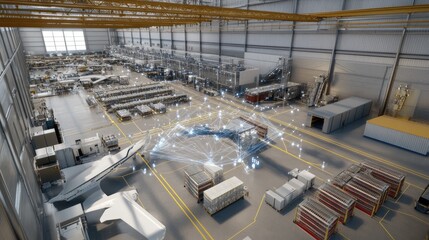An aerial view showing a network of sensor nodes in a manufacturing facility, with visual data flows indicating the expansive reach and speed of 5G networks.