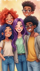 Naklejka premium A vibrant group of five diverse friends, each showcasing unique hairstyles and colors, radiates joy against a warm, glowing background. Their playful expressions and close-knit camaraderie capture the
